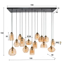 Grote eettafel hanglamp amber glas - Santa Rib Glass