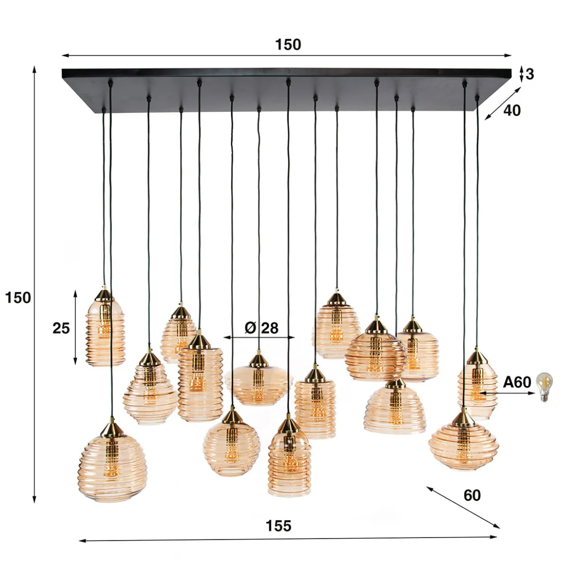 Grote eettafel hanglamp amber glas - Santa Rib Glass