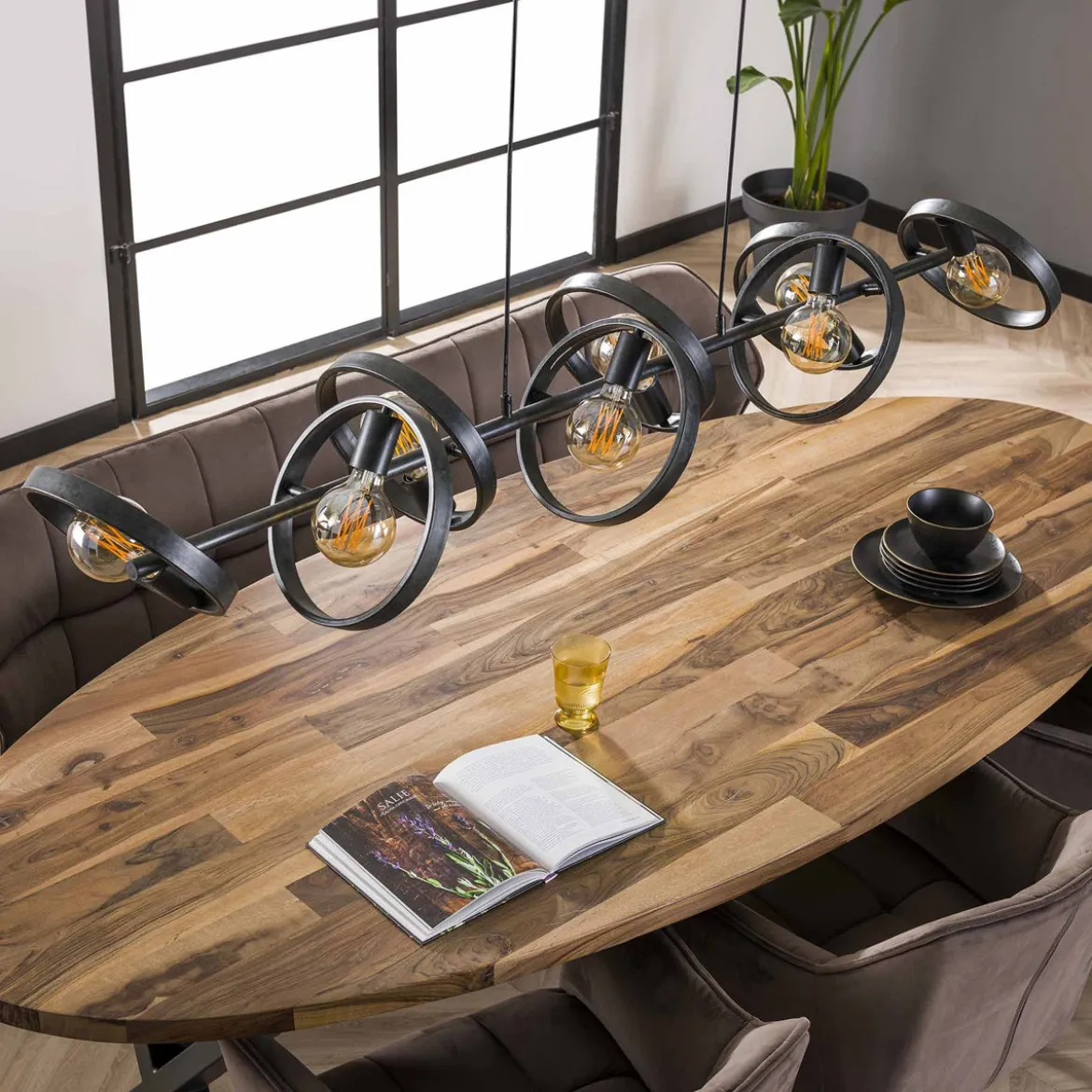 Grote hanglamp metalen ringen zwart - Santa Hover 8