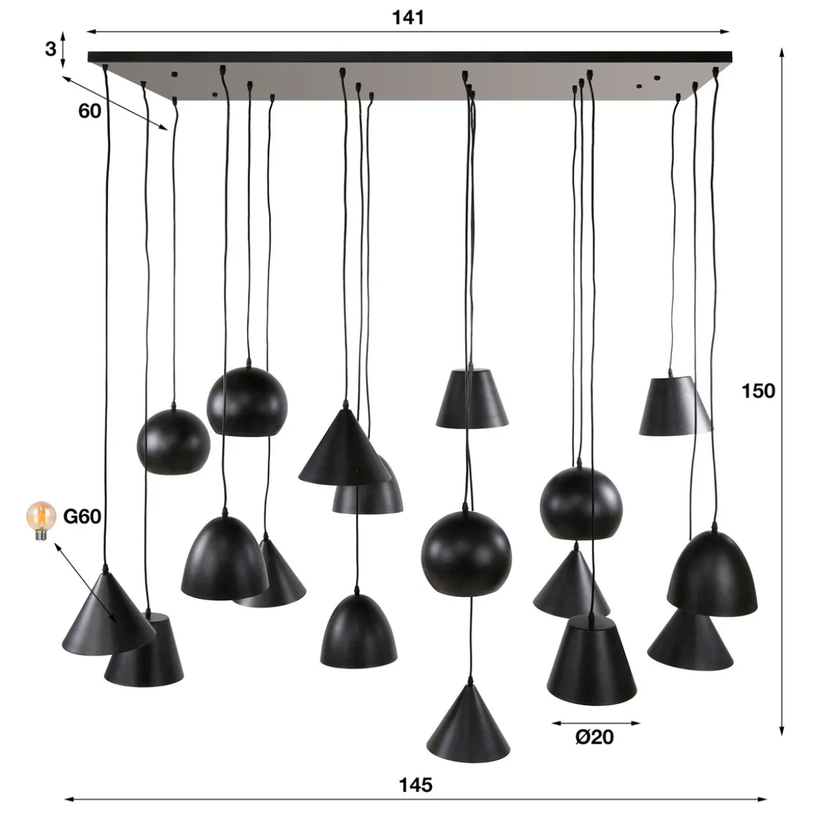 Grote hanglamp zwart metaal - Santa Mega 18L XXL