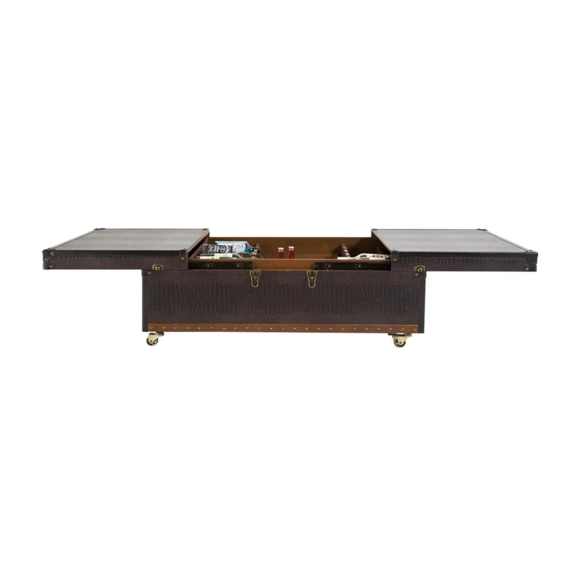 Kist salontafel bruin leer op wielen - Kare Design Colonial