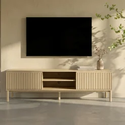 Mat beige tv-meubel met ribbels - Bodio Solly