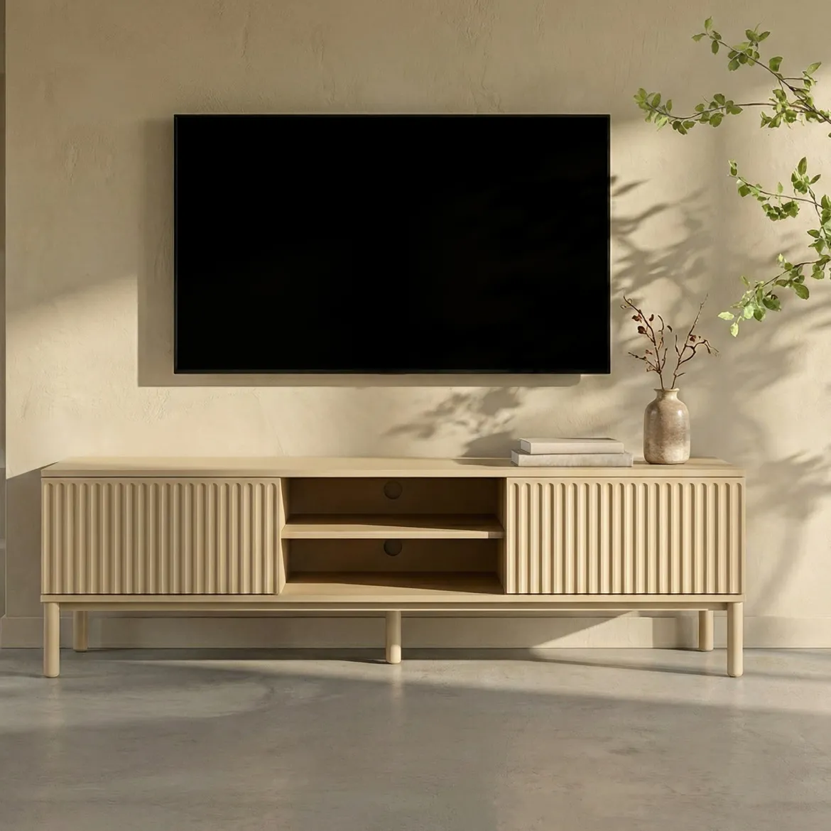 Mat beige tv-meubel met ribbels - Bodio Solly