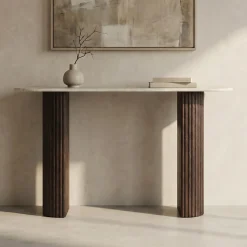 Ovale sidetable travertin en walnoot - Bodio Rizza