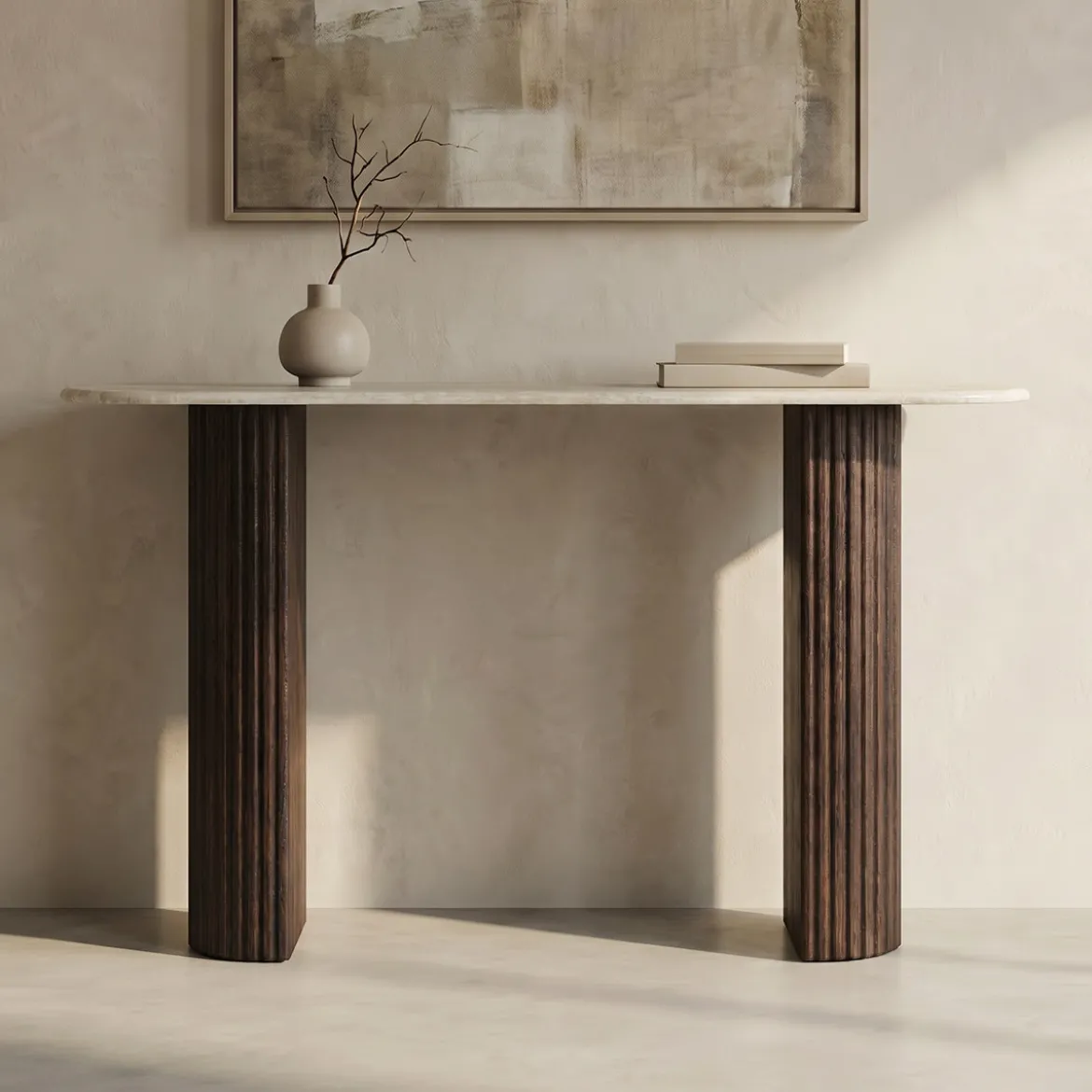 Ovale sidetable travertin en walnoot - Bodio Rizza