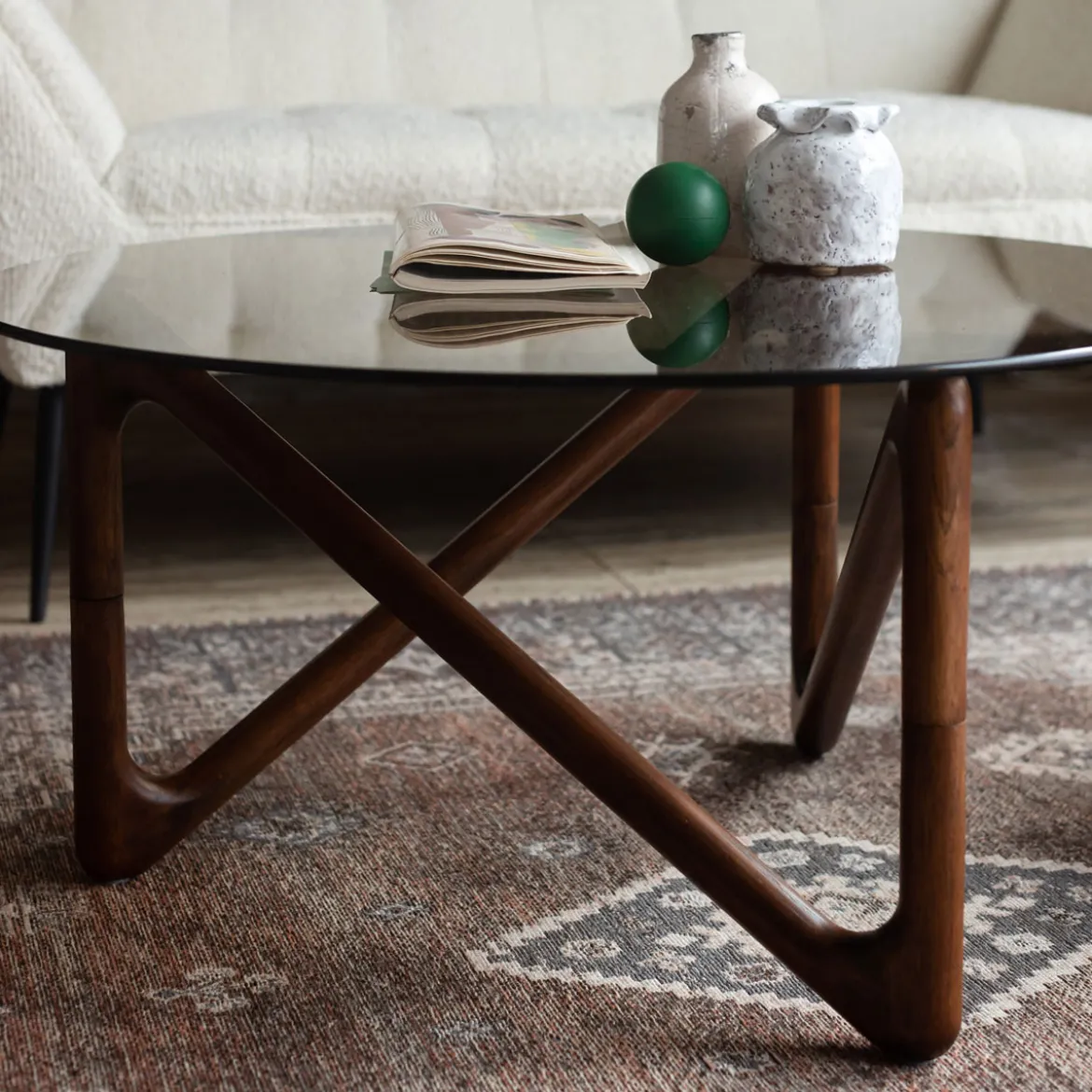 Ronde salontafel hout en glas - Dutchbone Naia
