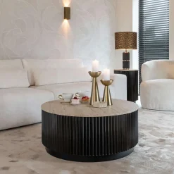Ronde salontafel travertin en ribbelhout - Richmond Interiors Hampton
