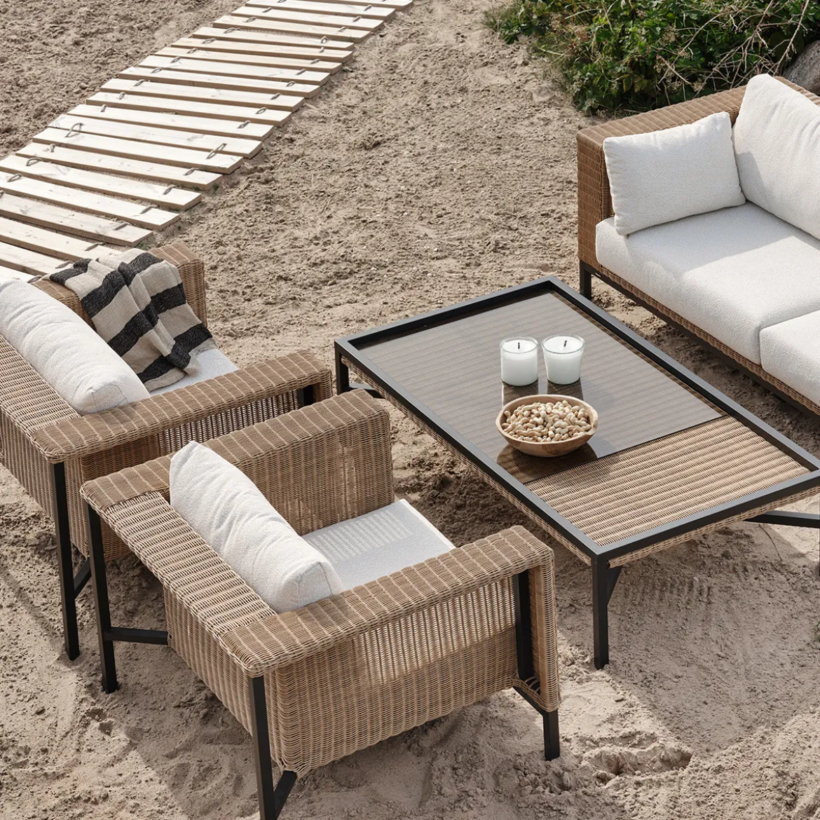 Rotan loungeset fauteuil olefin teddy stof - Brafab Shell