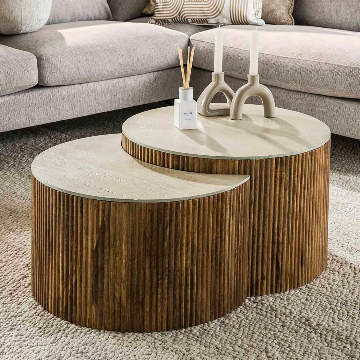 Set salontafels ribbelhout en traverin - Giani Nuovo
