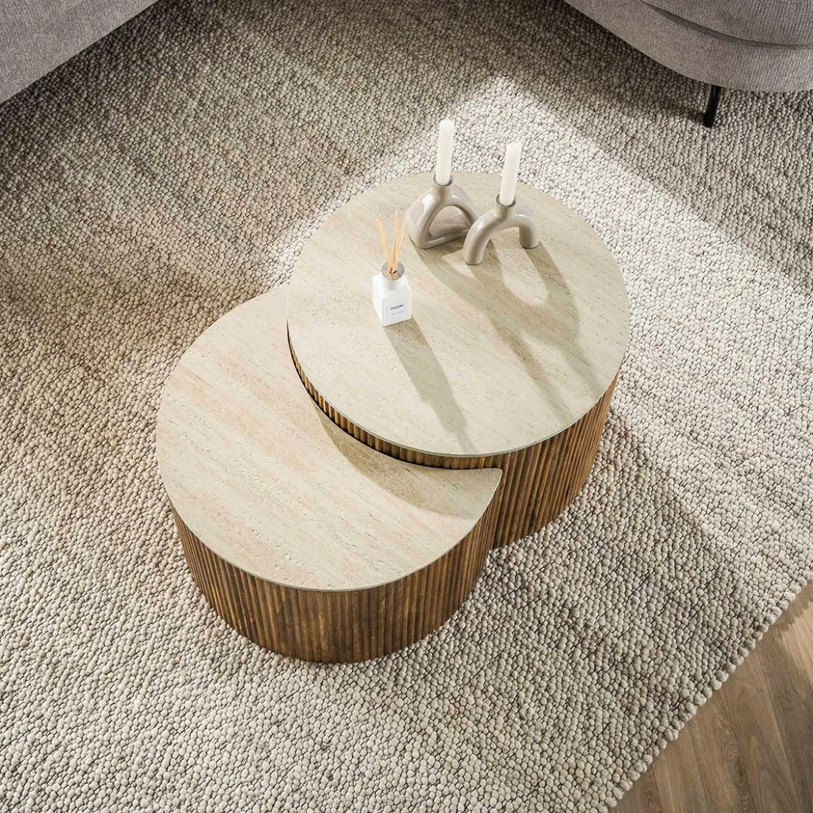 Set salontafels ribbelhout en traverin - Giani Nuovo