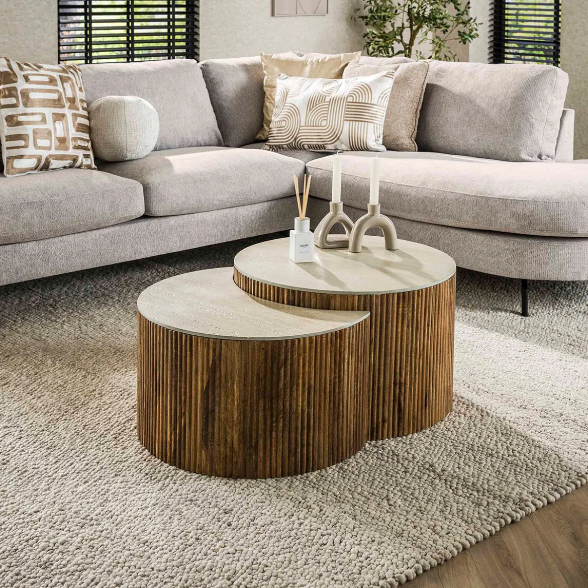 Set salontafels ribbelhout en traverin - Giani Nuovo