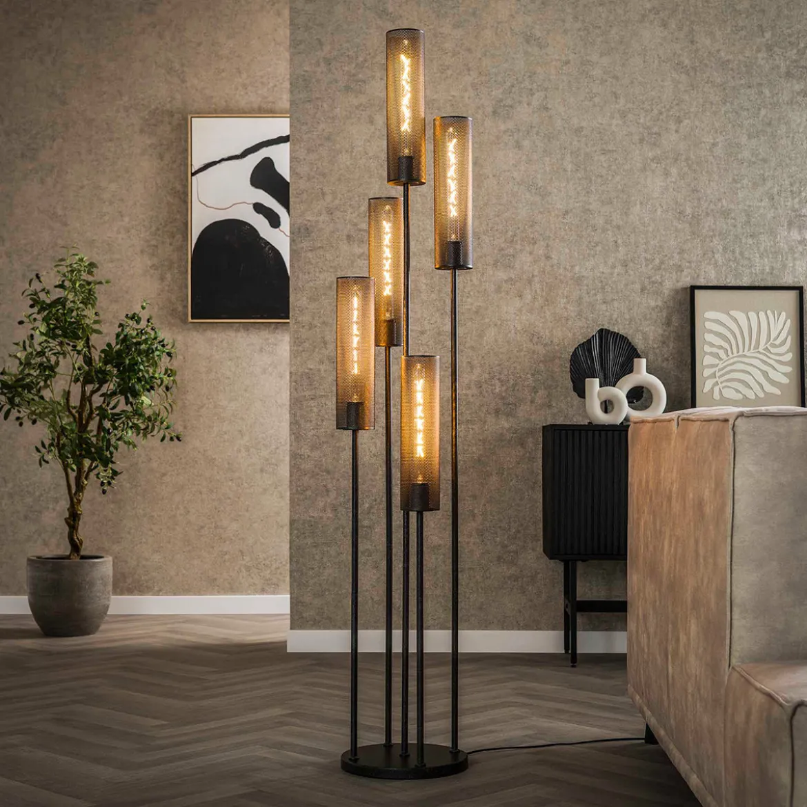 Stoere vloerlamp zwart metaal gaas - Santa Tube Mesh
