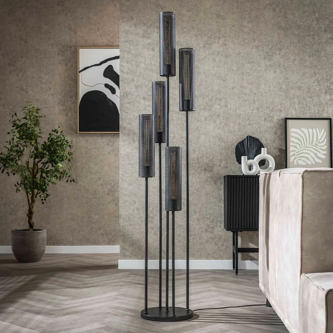Stoere vloerlamp zwart metaal gaas - Santa Tube Mesh