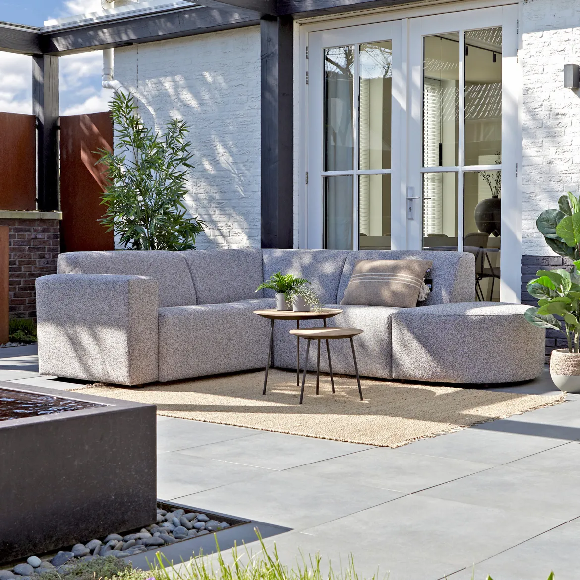 Tuin hoekbank all-weather stof met ronde hocker - Bodio Fendi