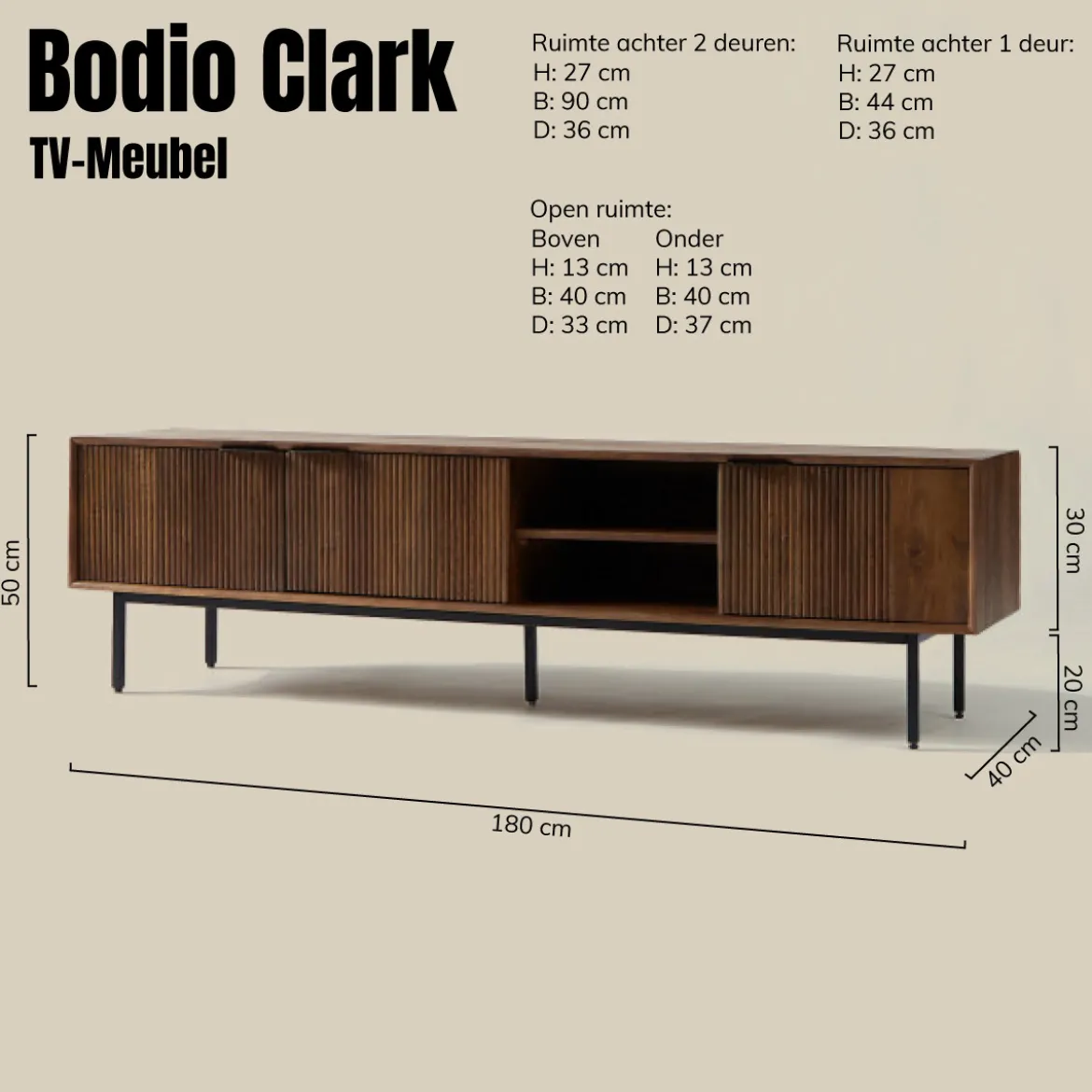 Tv-meubel hout met ribbels (staand/hangend) 180 cm - Bodio Clark