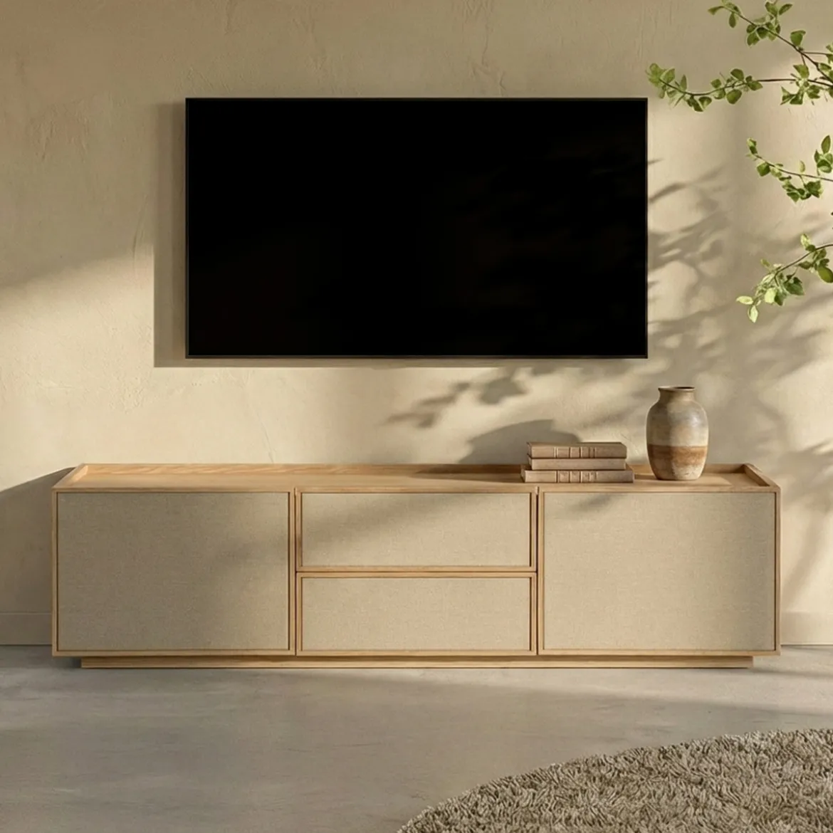 Tv-meubel hout met stoffen deuren - Bodio Noshi