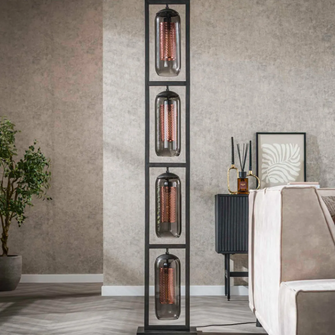 Vloerlamp 4L metaal en rookglas - Santa Tower Smoke Glass
