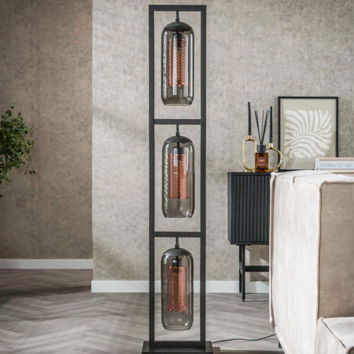 Vloerlamp 3L metaal en rookglas - Santa Tower Smoke Glass