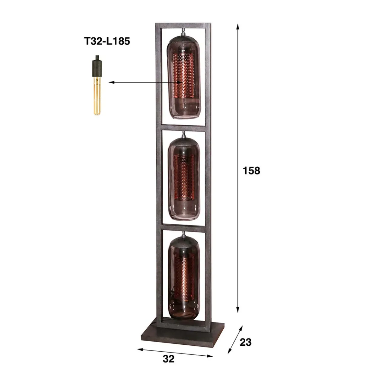 Vloerlamp 3L metaal en rookglas - Santa Tower Smoke Glass