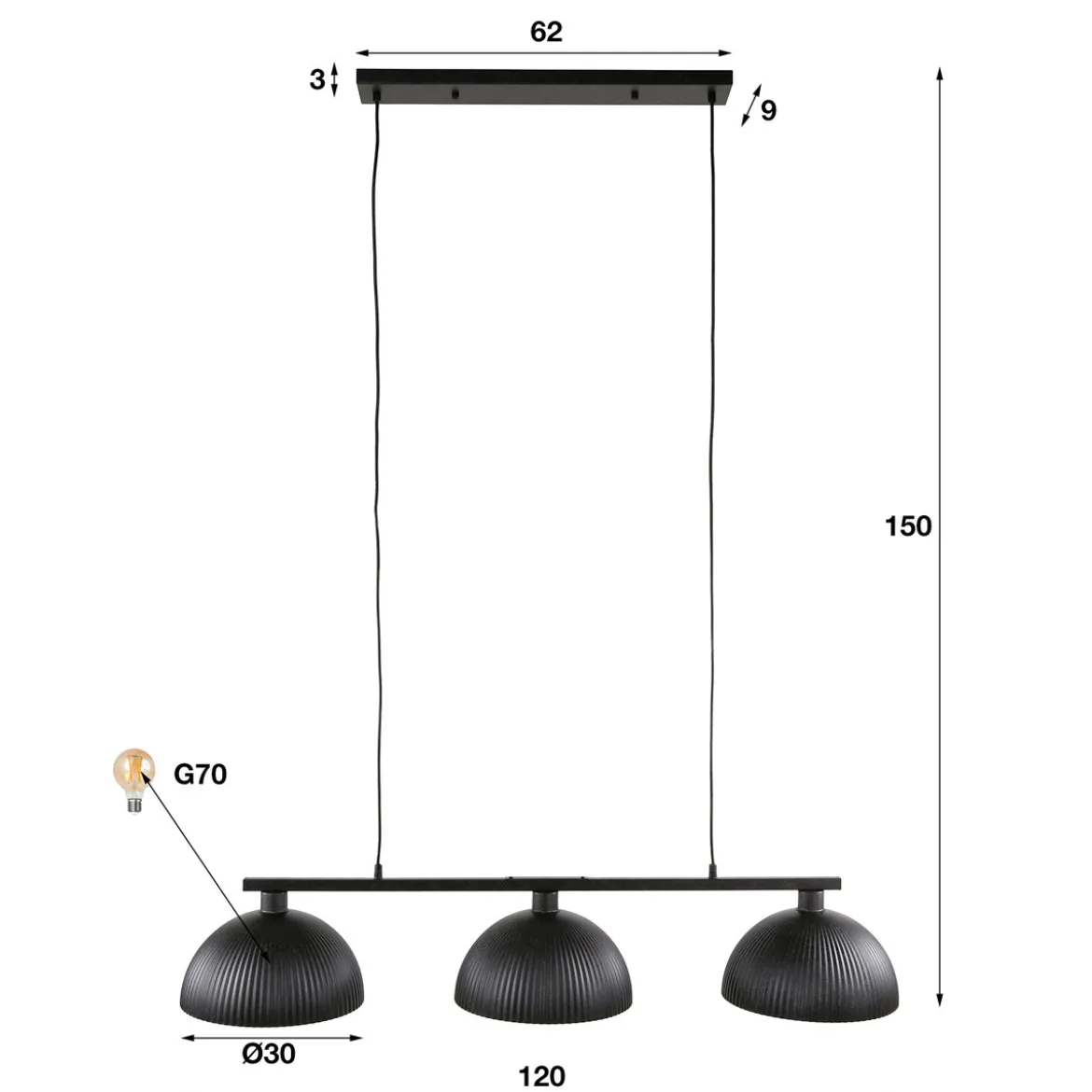 Zwarte eettafel hanglamp ribbels - Santa Ribbel
