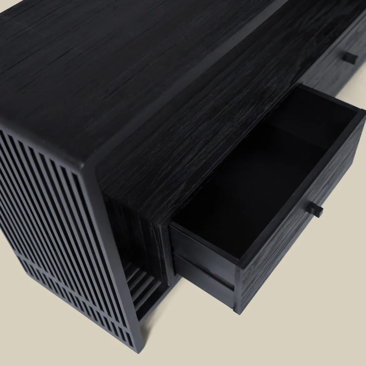 Zwart tv-meubel teak latjes - Bodio Teak Slats