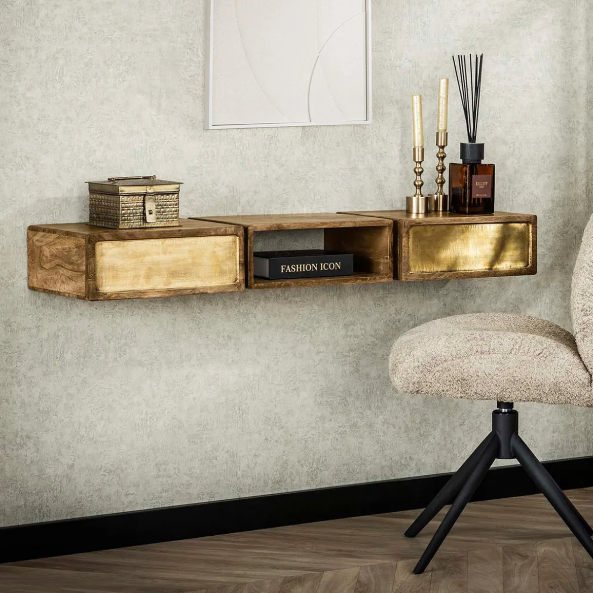 Zwevende sidetable mangohout en goud - Giani Brass